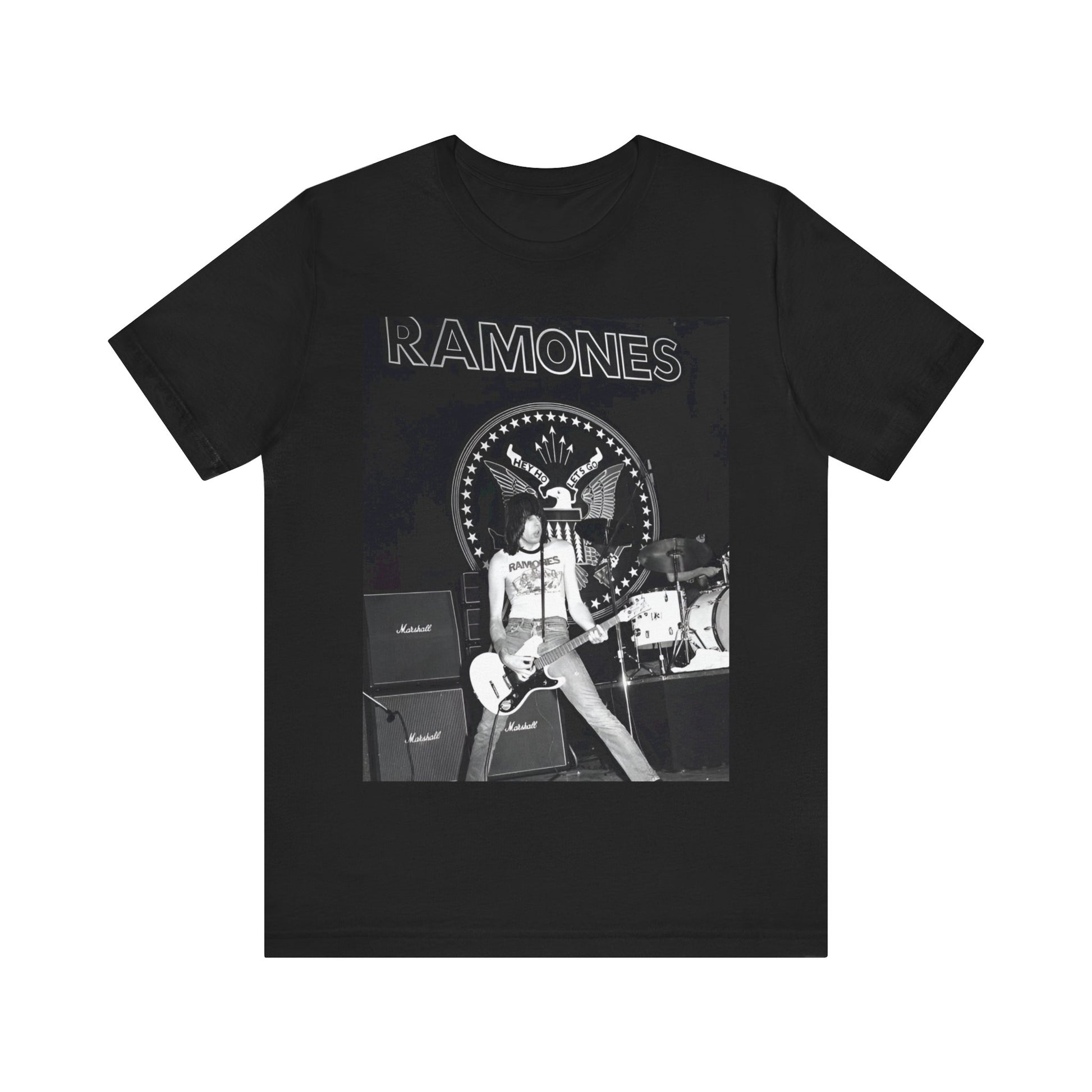 A black graphic t-shirt featuring a graphic of the Ramones with a cool NYC punk scene aesthetic.