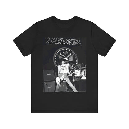 A black graphic t-shirt featuring a graphic of the Ramones with a cool NYC punk scene aesthetic.