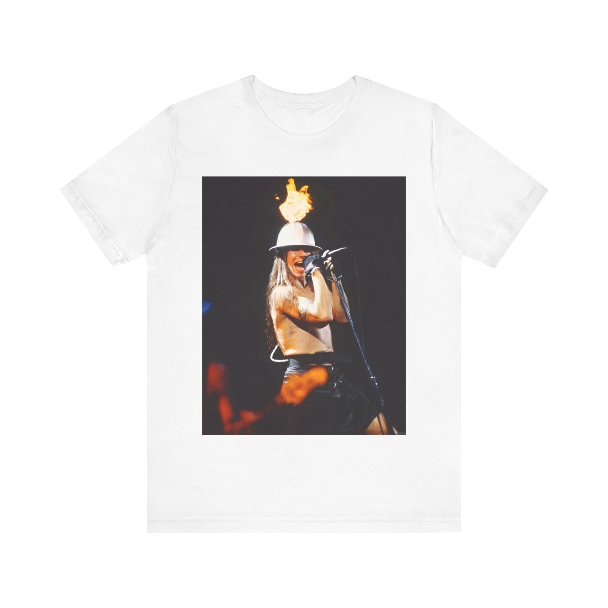 A black graphic t-shirt featuring a graphic of Anthony Kiedis from Red Hot Chili Peppers on tour, depicting wild energy.