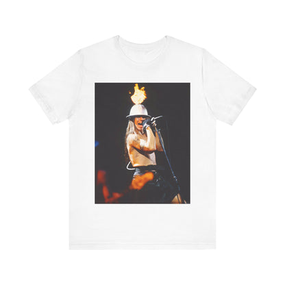 A black graphic t-shirt featuring a graphic of Anthony Kiedis from Red Hot Chili Peppers on tour, depicting wild energy.