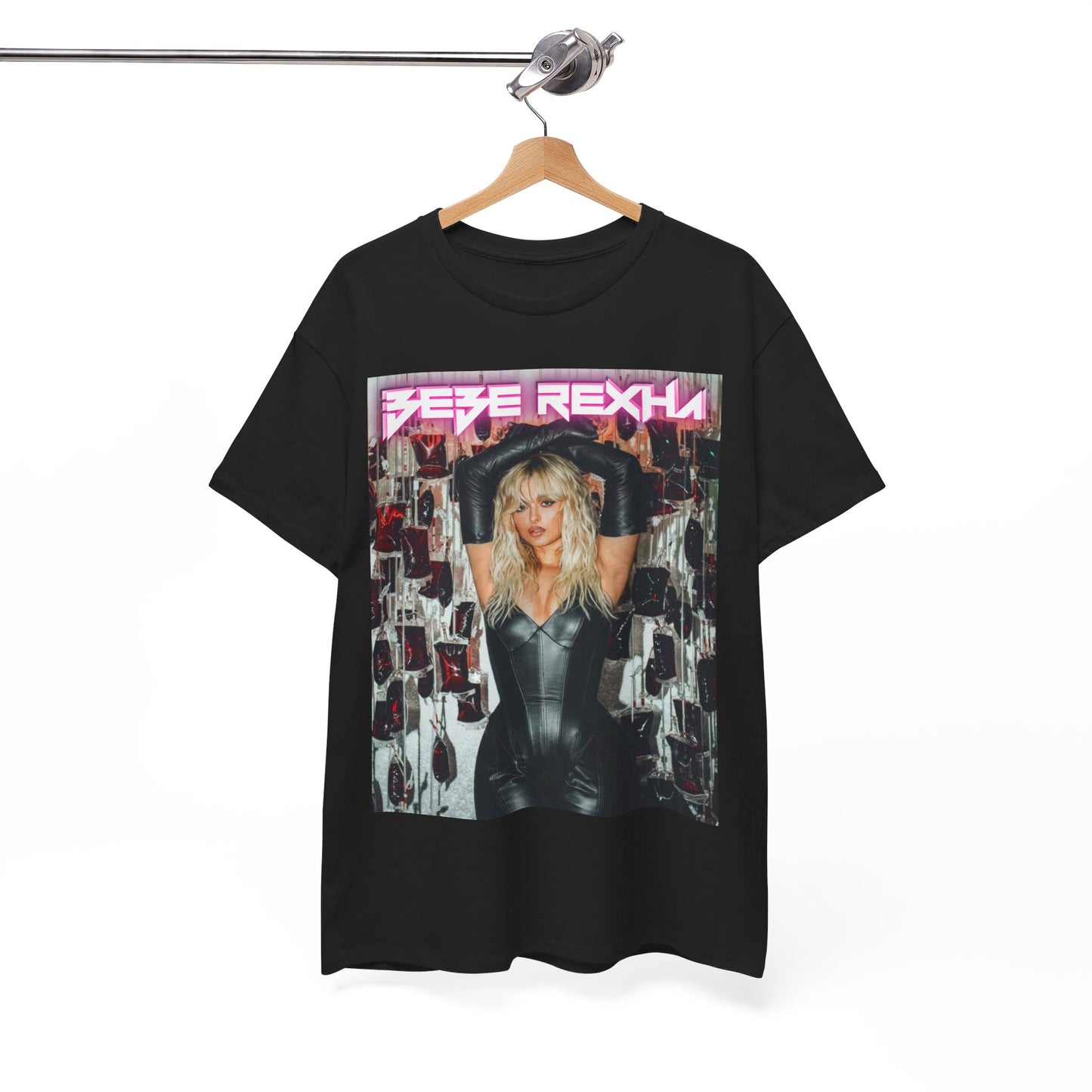 A black graphic t-shirt featuring a photo of Bebe Rexha in a powerful pose, exuding confidence and charisma.