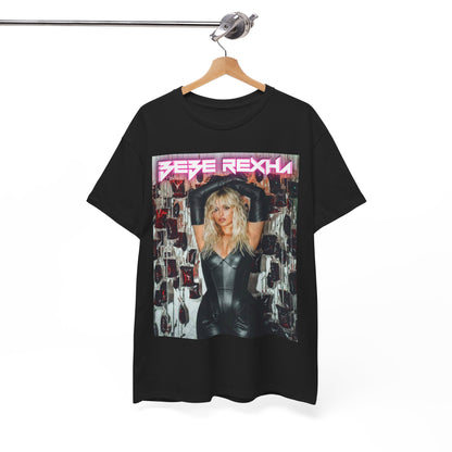 A black graphic t-shirt featuring a photo of Bebe Rexha in a powerful pose, exuding confidence and charisma.