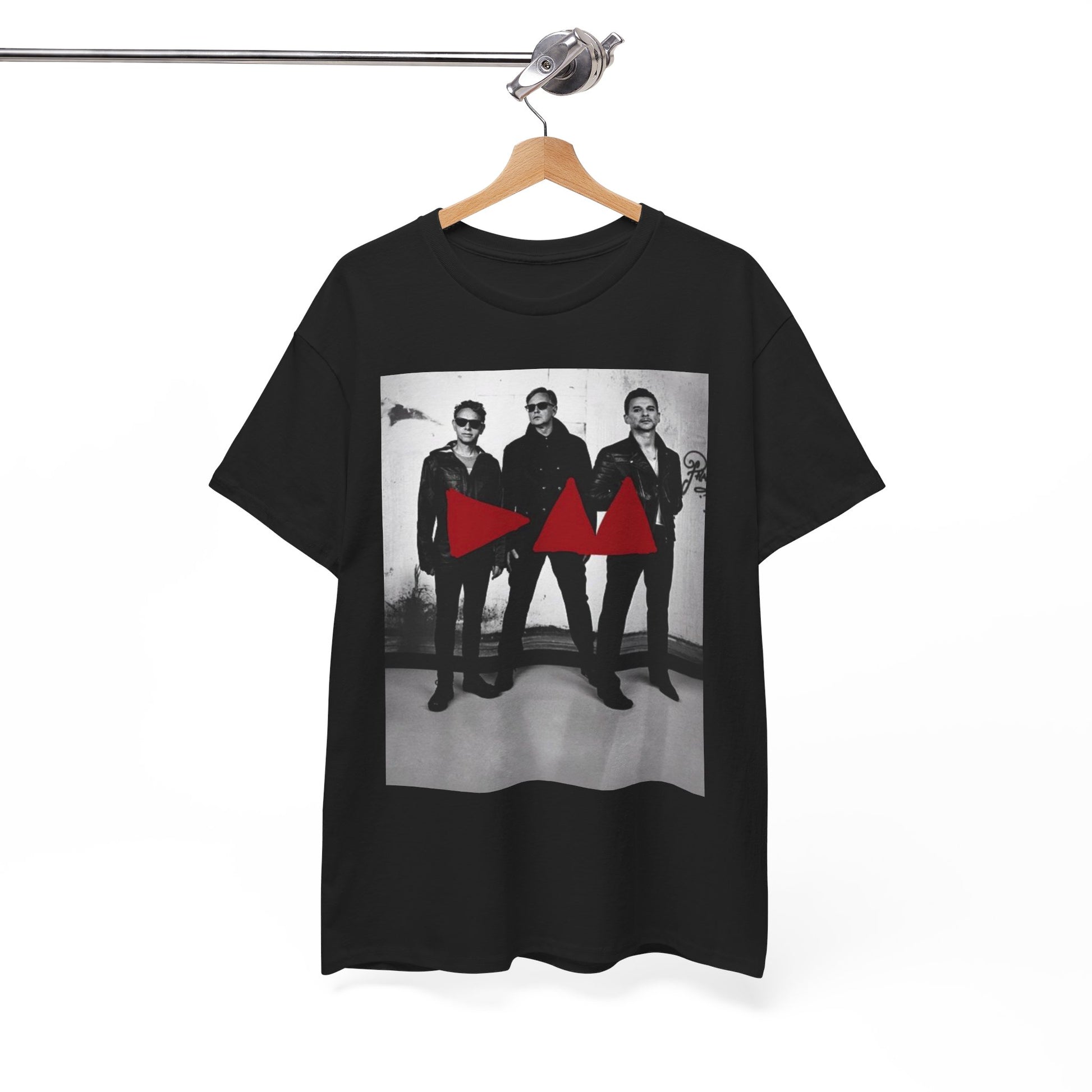 A black graphic t-shirt featuring a photo portrait of the synth-pop band Depeche Mode.