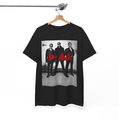 A black graphic t-shirt featuring a photo portrait of the synth-pop band Depeche Mode.