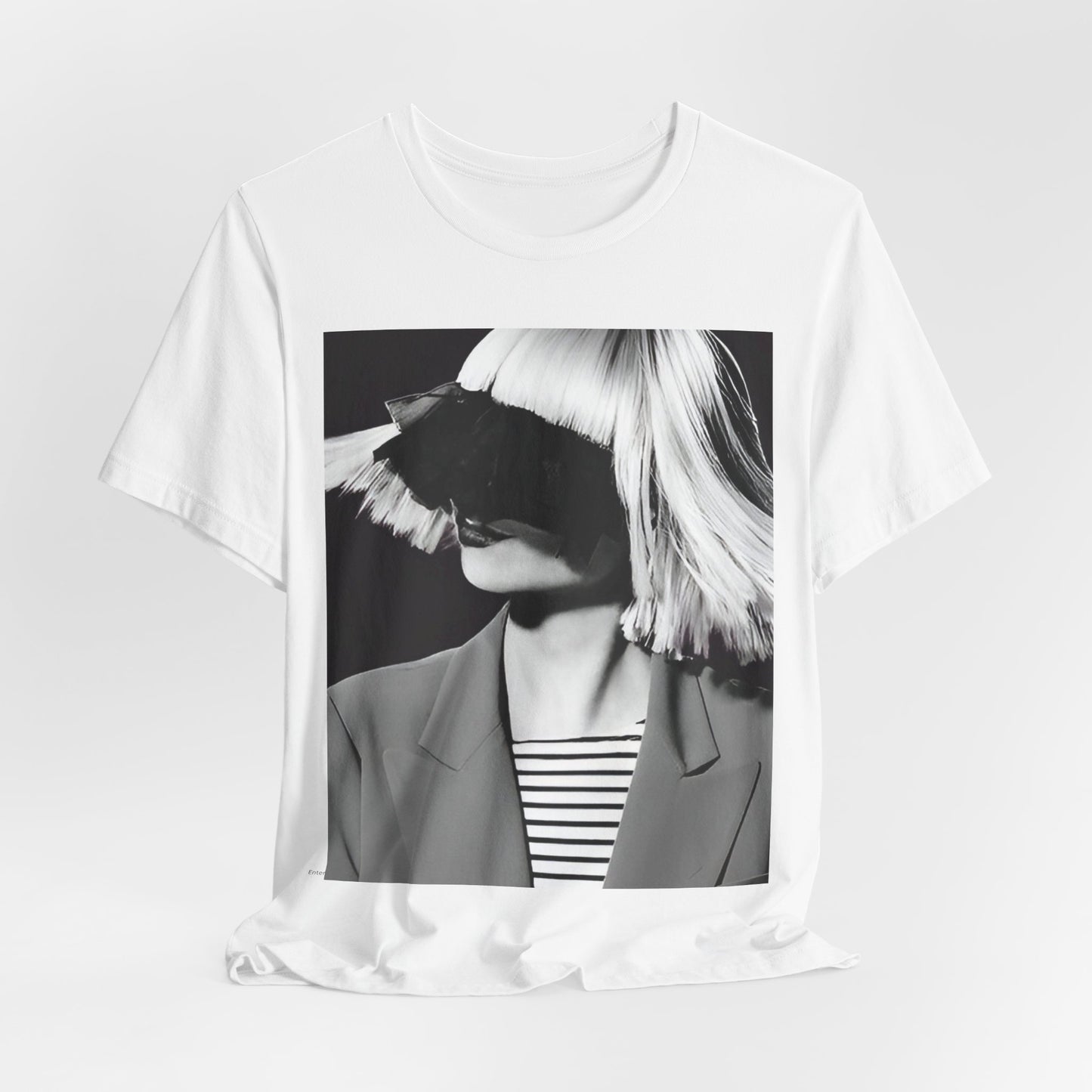 A black graphic t-shirt featuring a black and white portrait photo of Sia.