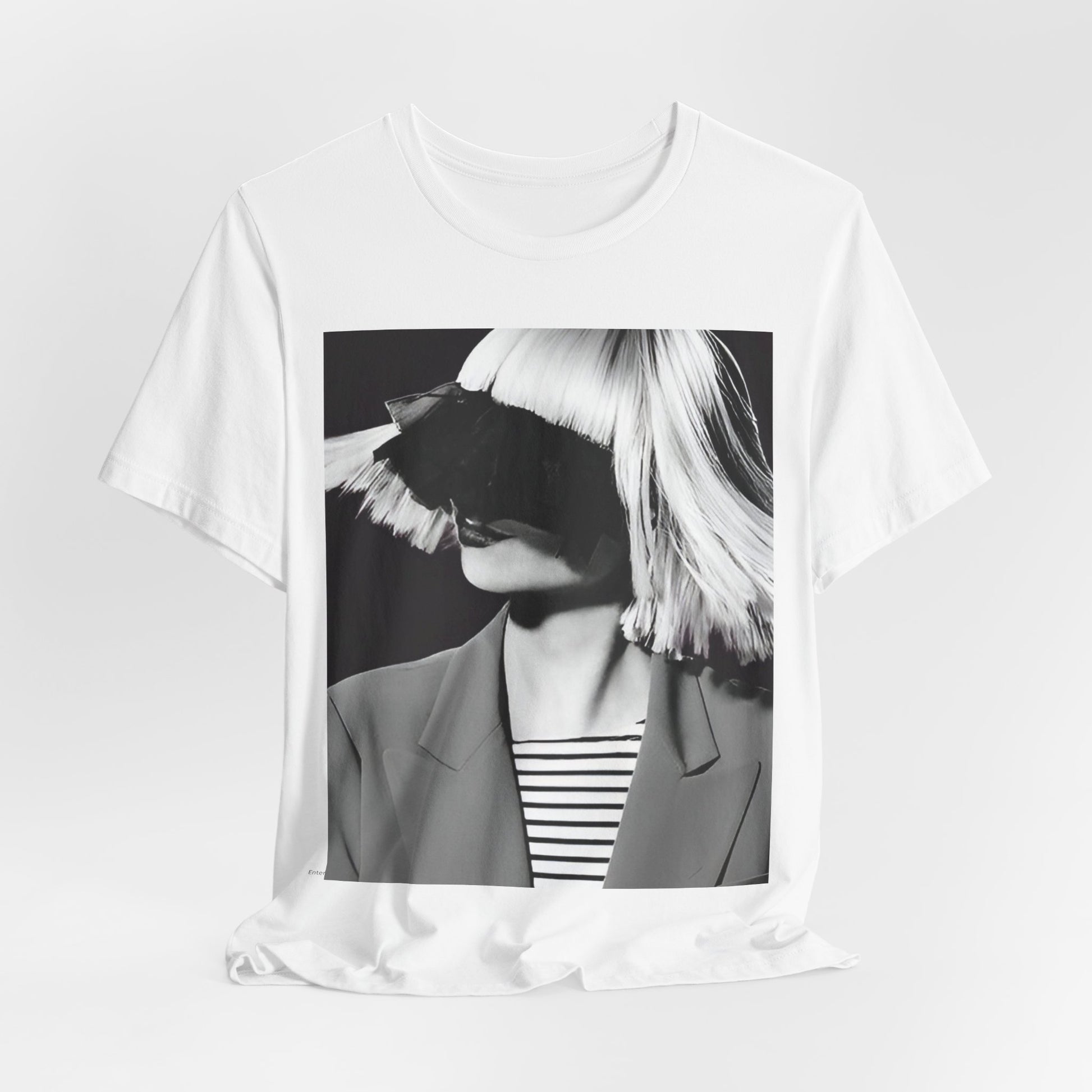 A black graphic t-shirt featuring a black and white portrait photo of Sia.