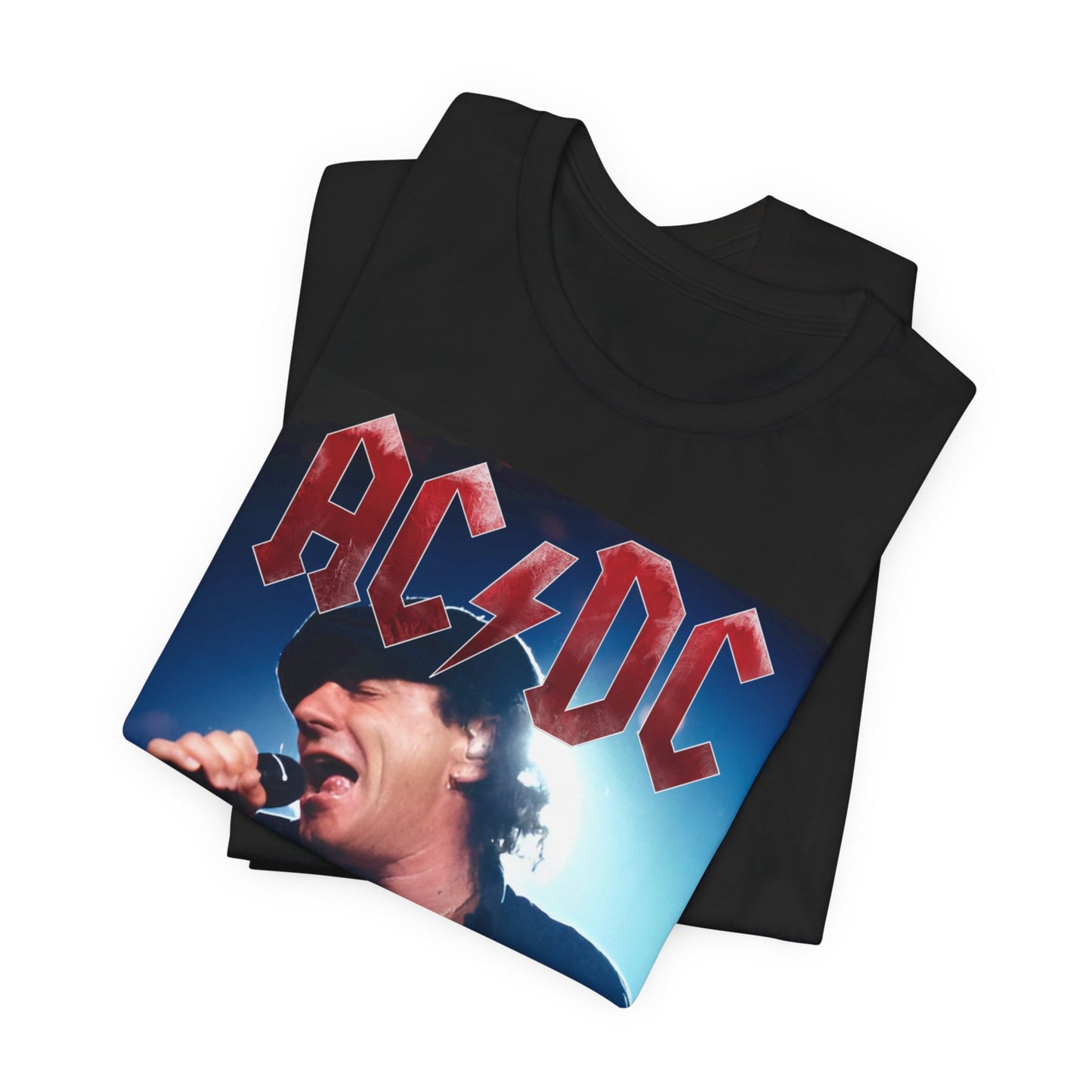A graphic of AC/DC's lead singer, Brian Johnson, performing with powerhouse energy live on stage, printed on a t-shirt.