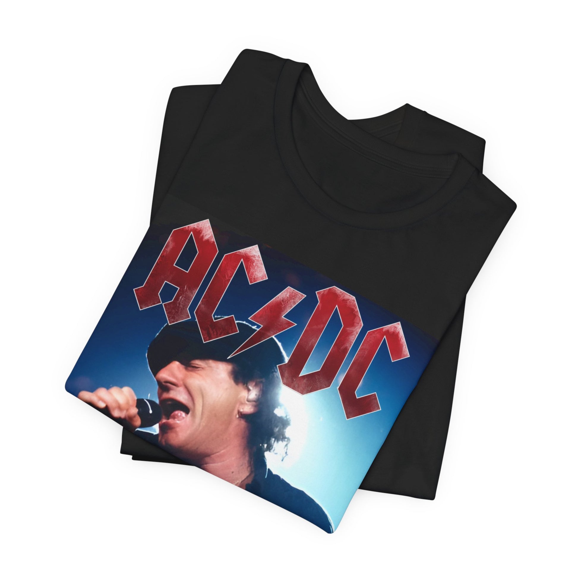 A graphic of AC/DC's lead singer, Brian Johnson, performing with powerhouse energy live on stage, printed on a t-shirt.