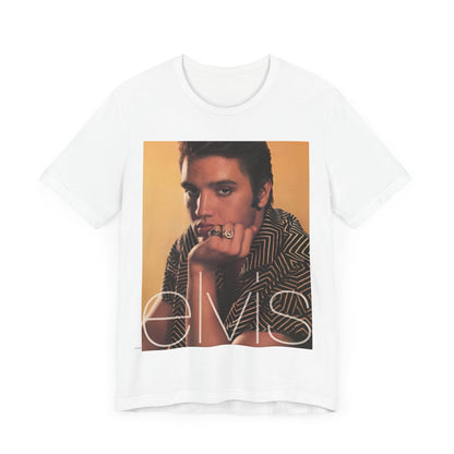 A black graphic t-shirt featuring an aesthetic photo portrait of Elvis Presley.
