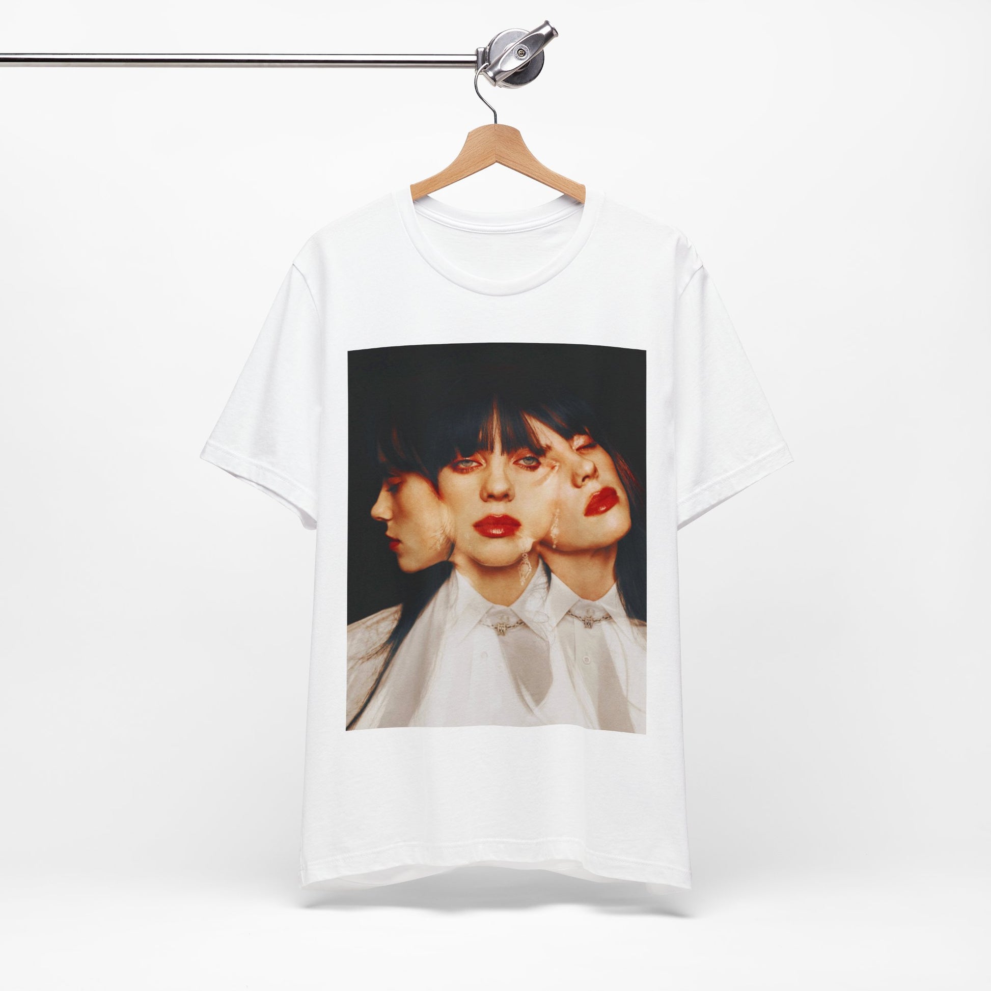 A classic, glamorous portrait of Billie Eilish as a pop star, with blonde hair and a confident gaze, printed on a t-shirt.