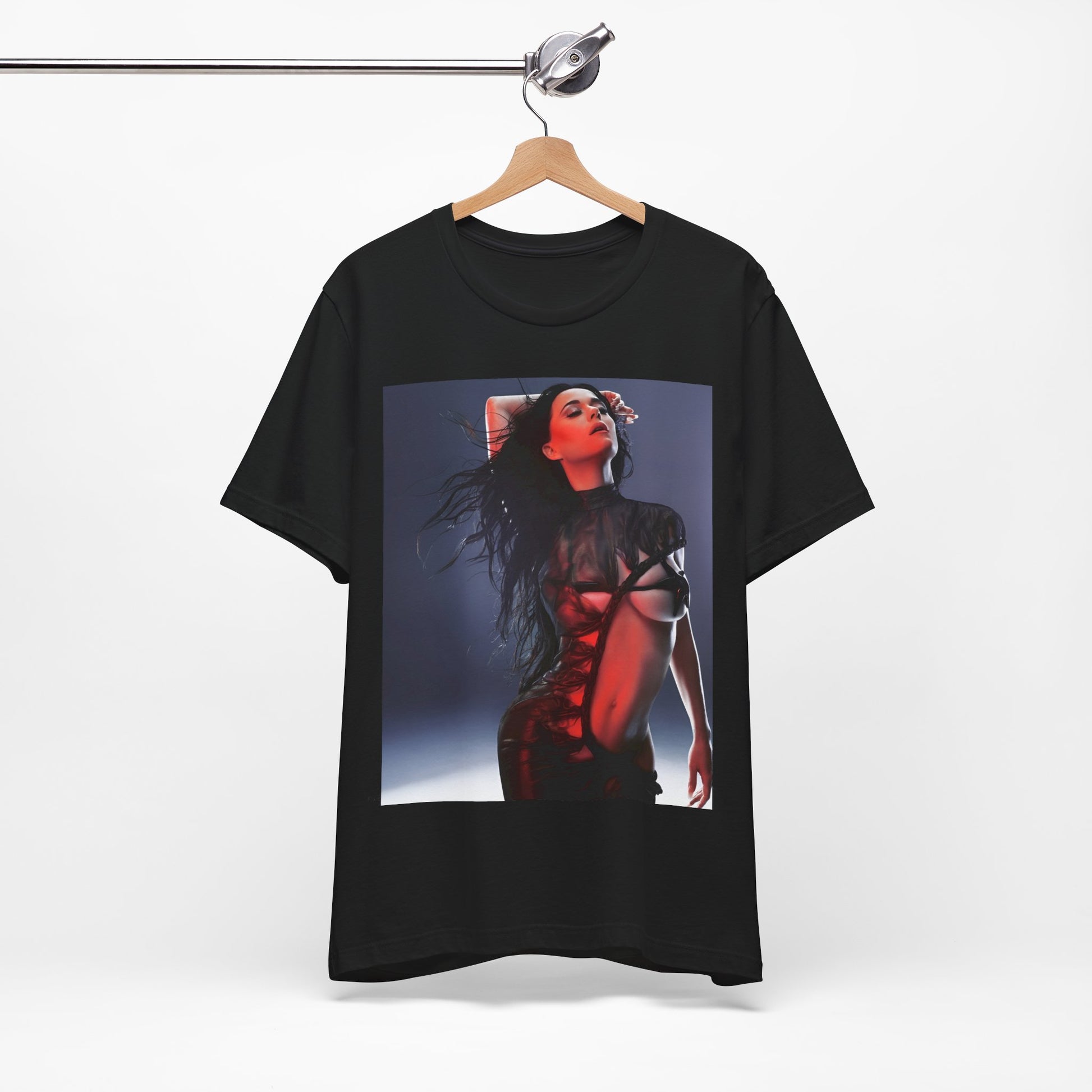 A black graphic t-shirt featuring a dreamy pop fantasy graphic of Katy Perry.