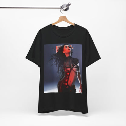 A black graphic t-shirt featuring a dreamy pop fantasy graphic of Katy Perry.