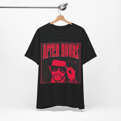 A black graphic t-shirt featuring a retro graphic related to The Weeknd's 'After Hours' album.
