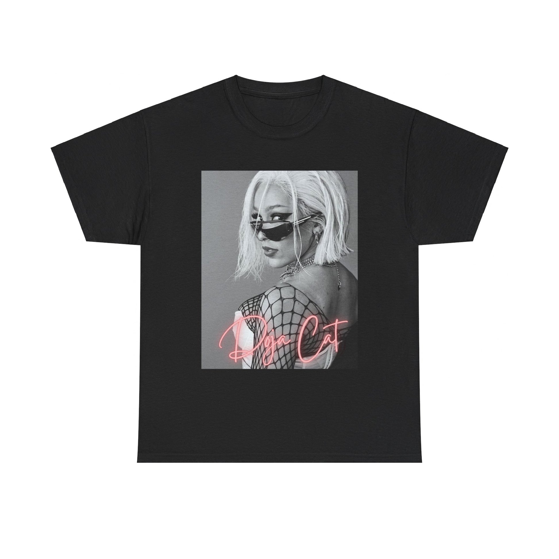 A black graphic t-shirt featuring a black and white portrait photo of Doja Cat.