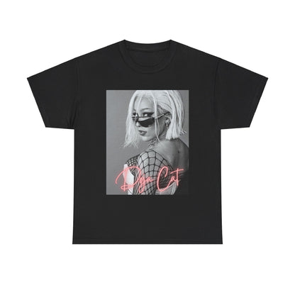 A black graphic t-shirt featuring a black and white portrait photo of Doja Cat.