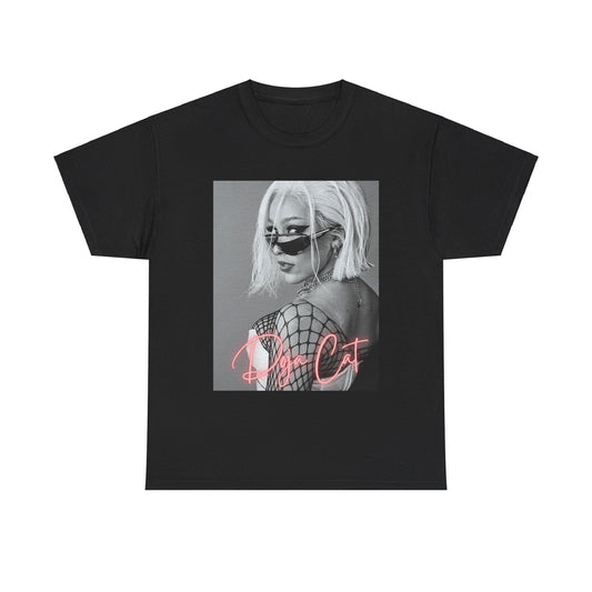 A black graphic t-shirt featuring a black and white portrait photo of Doja Cat.