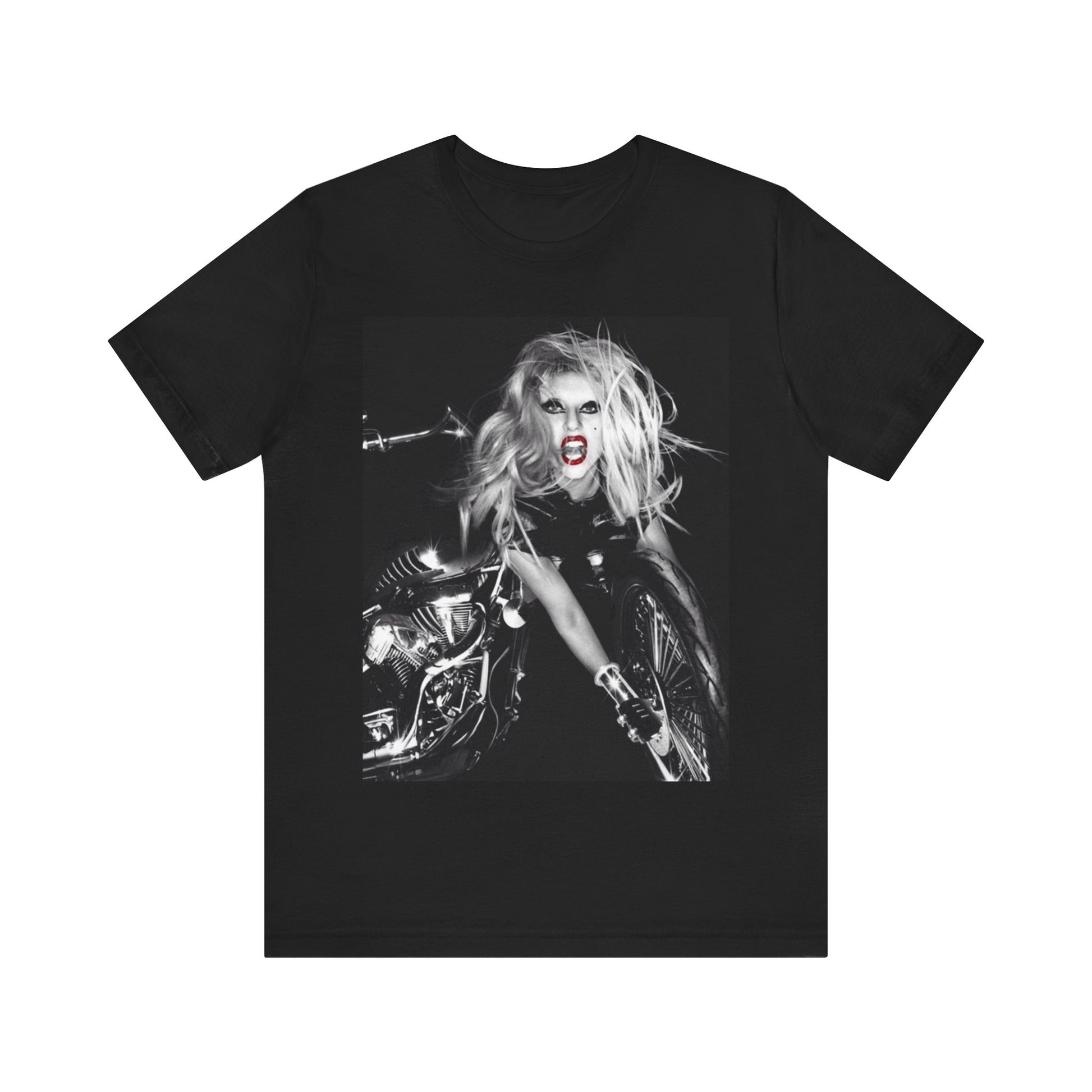 A black graphic t-shirt featuring a vintage black and white pop icon graphic of Lady Gaga.