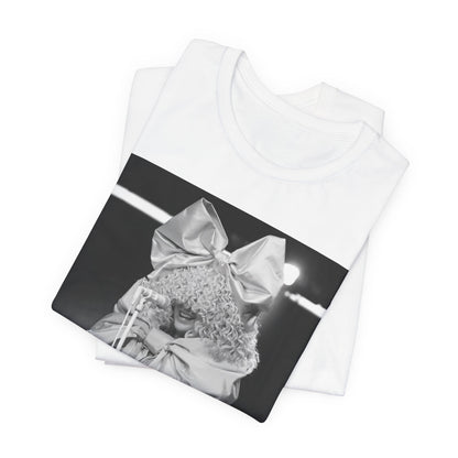 A black graphic t-shirt featuring a black and white, monochrome graphic or photo of Sia.