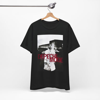 A black graphic t-shirt featuring a graphic related to Depeche Mode's 'Policy of Truth' song or era.