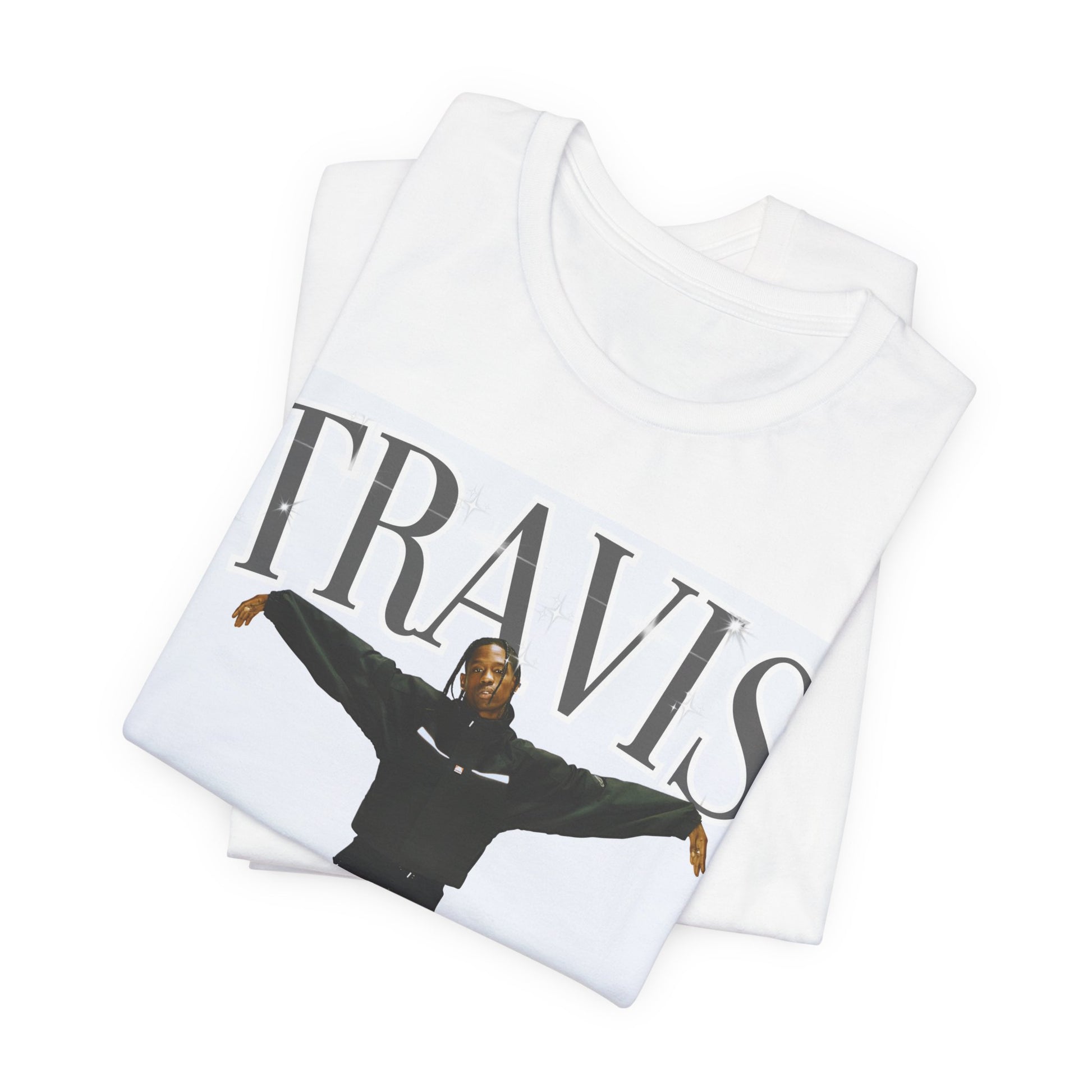 A black graphic t-shirt featuring a cool streetwear icon graphic of Travis Scott.