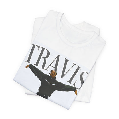 A black graphic t-shirt featuring a cool streetwear icon graphic of Travis Scott.