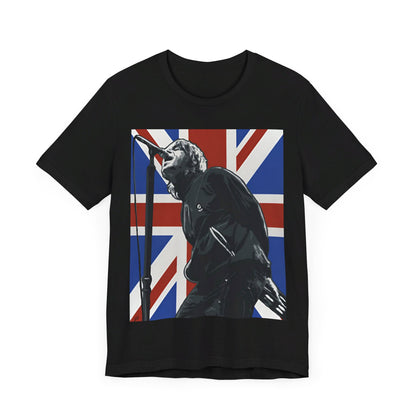 A black graphic t-shirt featuring a graphic of Oasis with timeless Britpop vibes.