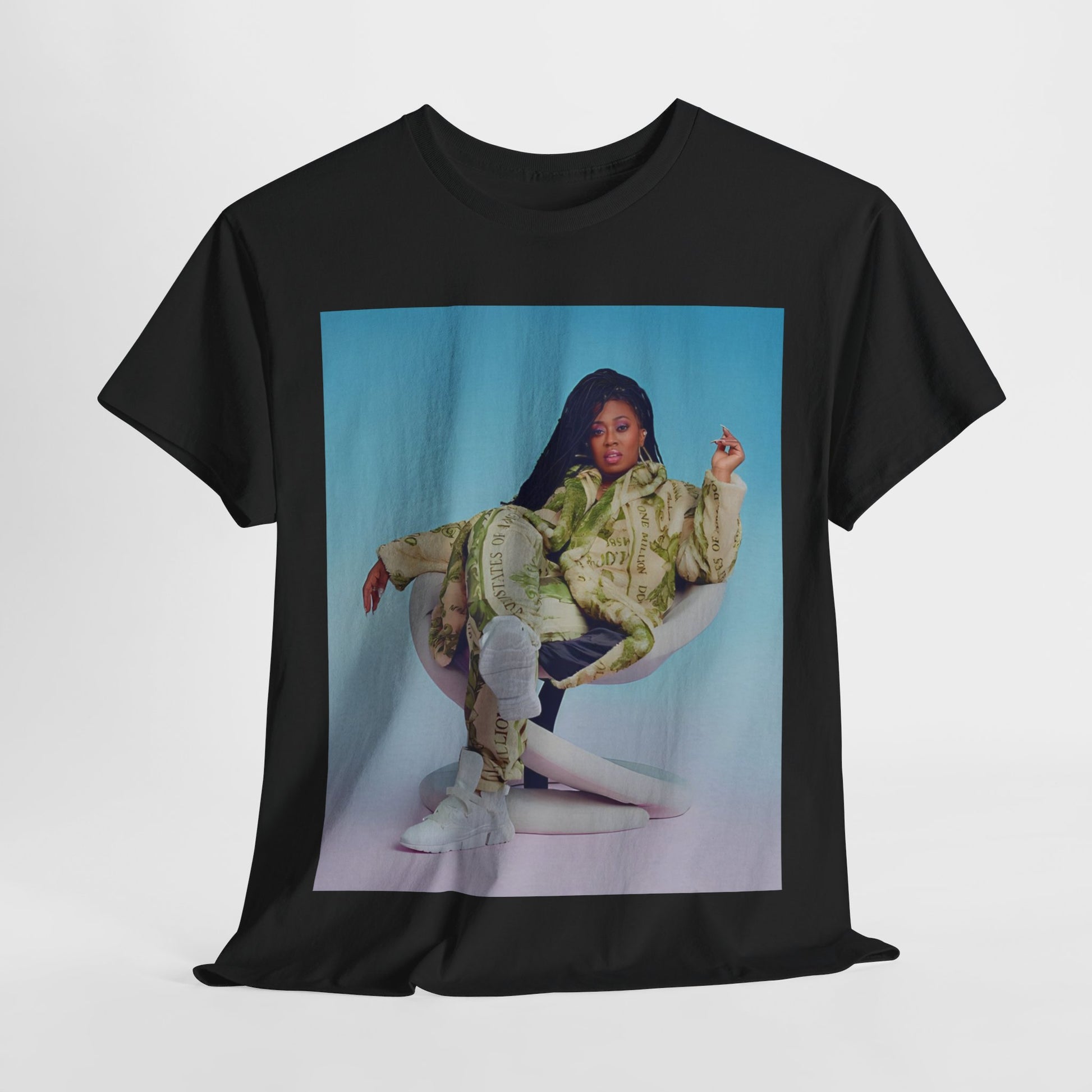 A black graphic t-shirt featuring a vintage graphic related to Missy Elliott's 'Work It' song or era.