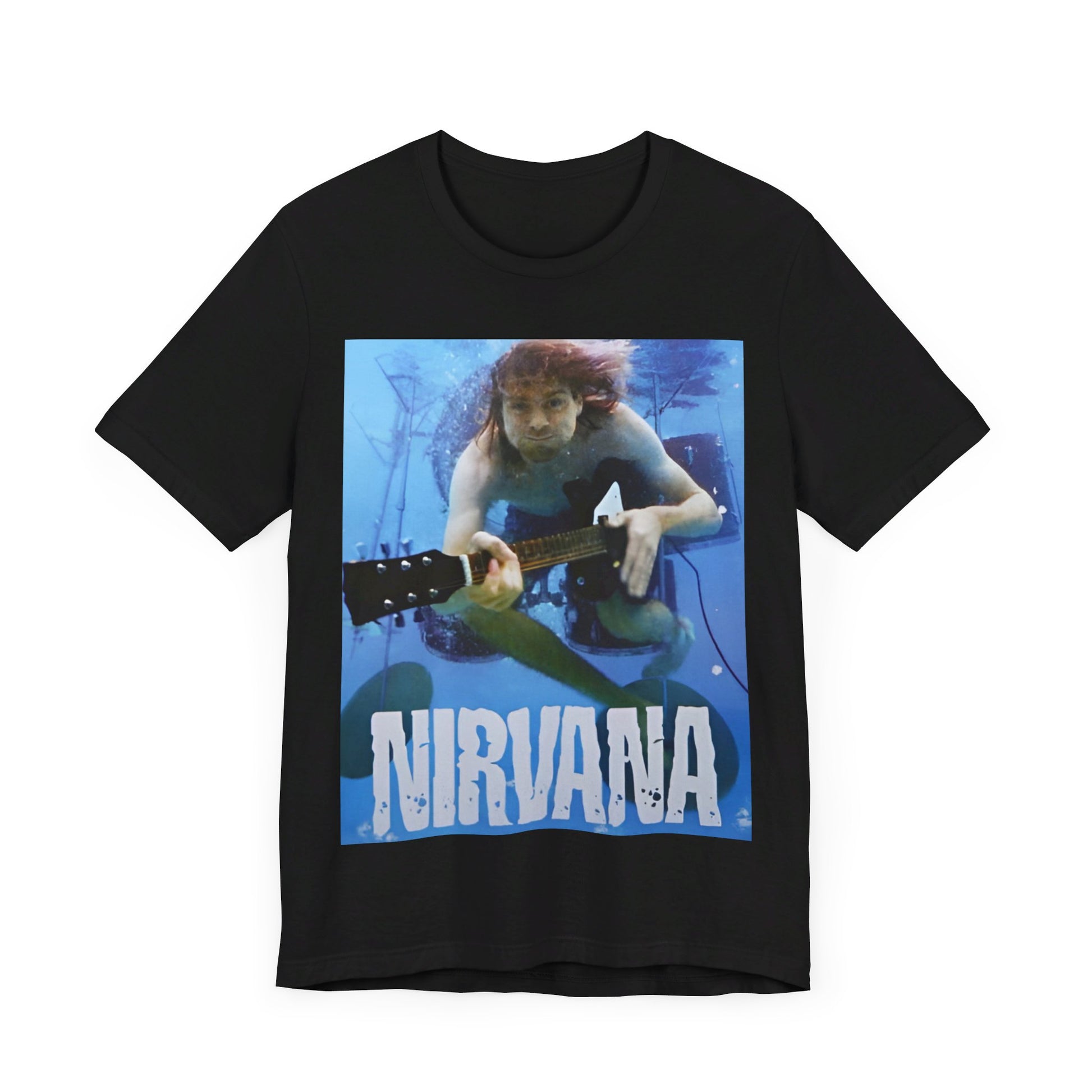 A black graphic t-shirt featuring a bold graphic related to Nirvana's 'Lithium' song or era.