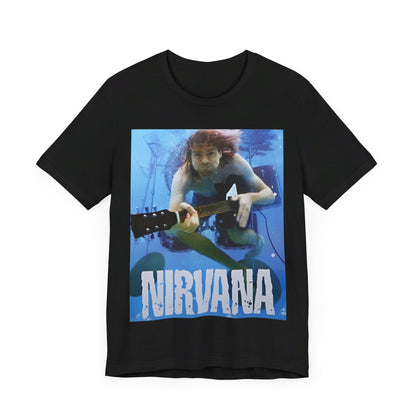 A black graphic t-shirt featuring a bold graphic related to Nirvana's 'Lithium' song or era.