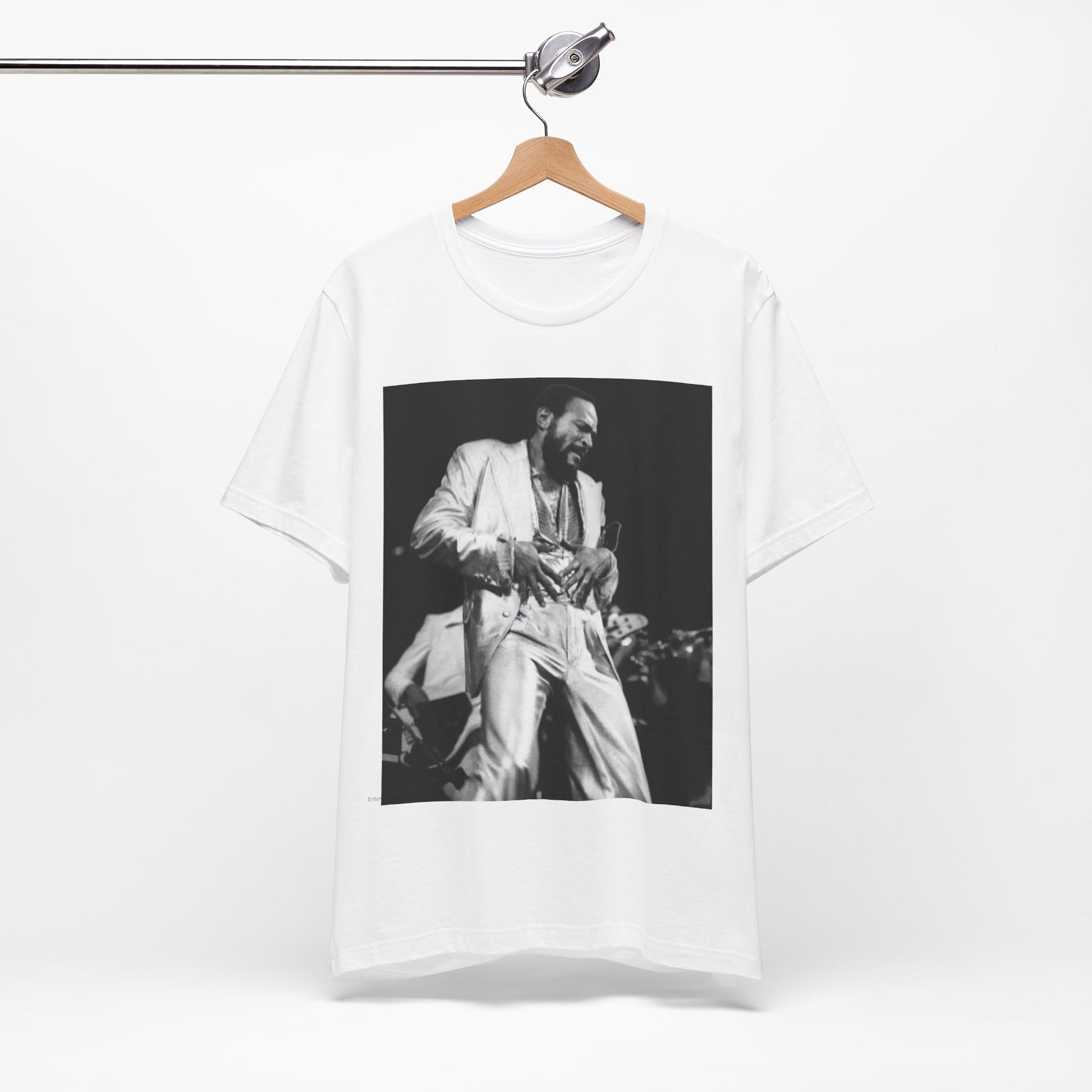 A black graphic t-shirt featuring a 70s Motown concert graphic of Marvin Gaye.