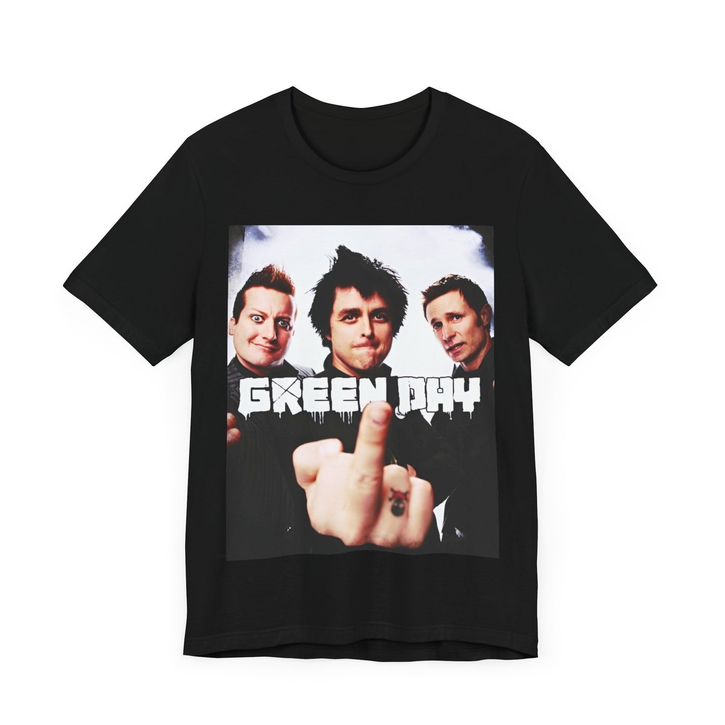 A black graphic t-shirt featuring an underground rock graphic of Green Day.