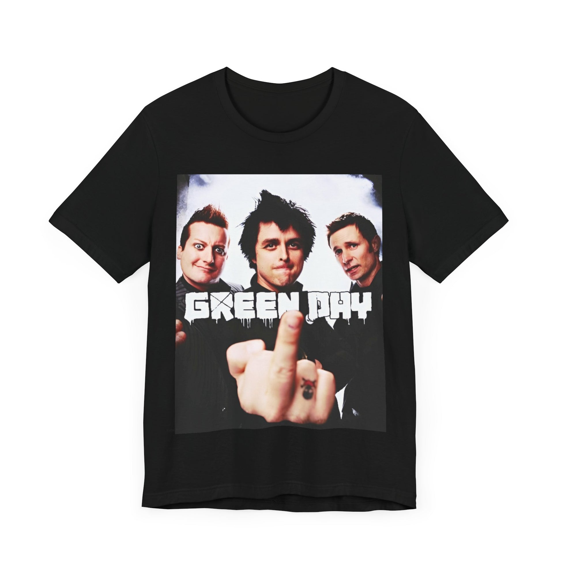 A black graphic t-shirt featuring an underground rock graphic of Green Day.