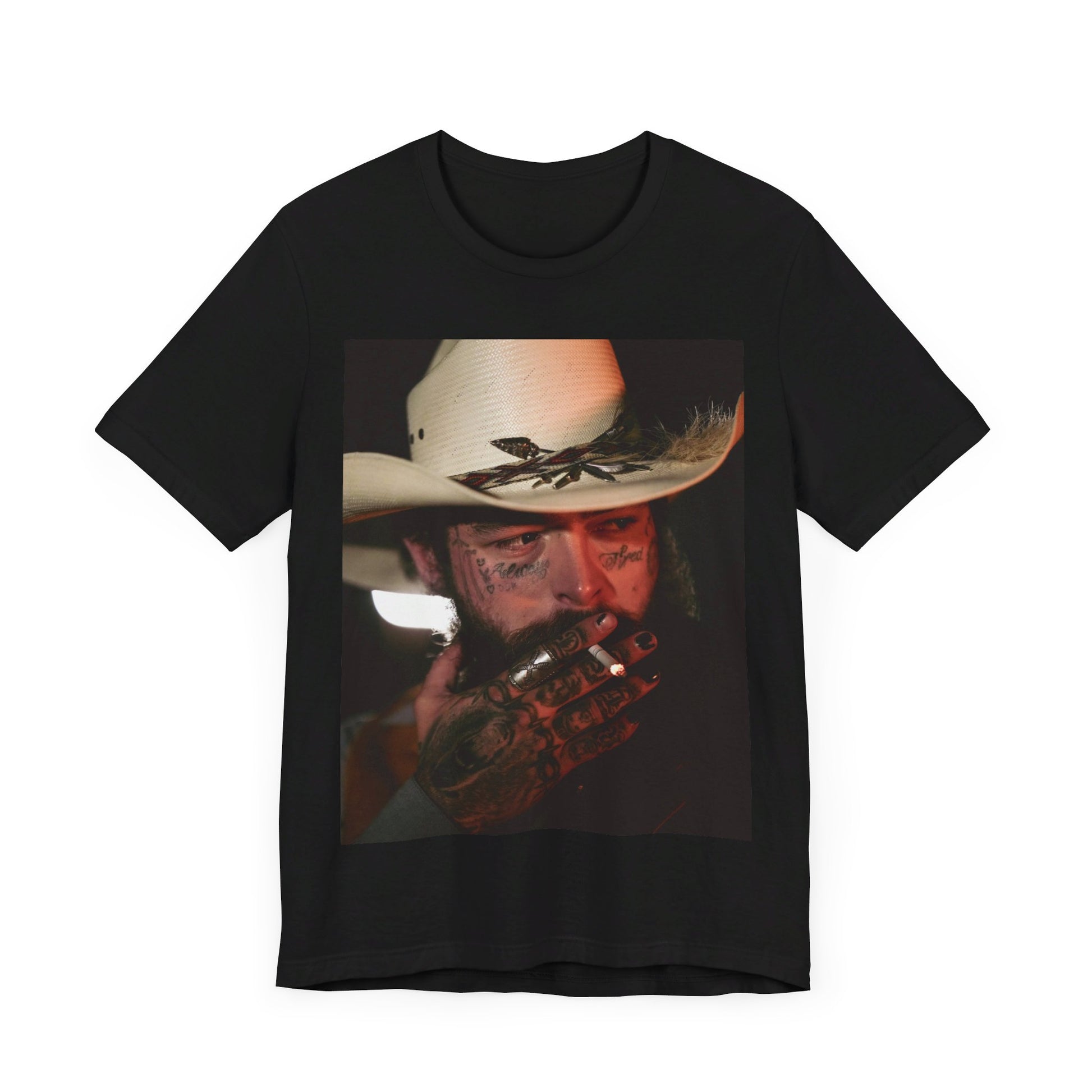 A black graphic t-shirt featuring a graphic of Post Malone wearing a cowboy hat.