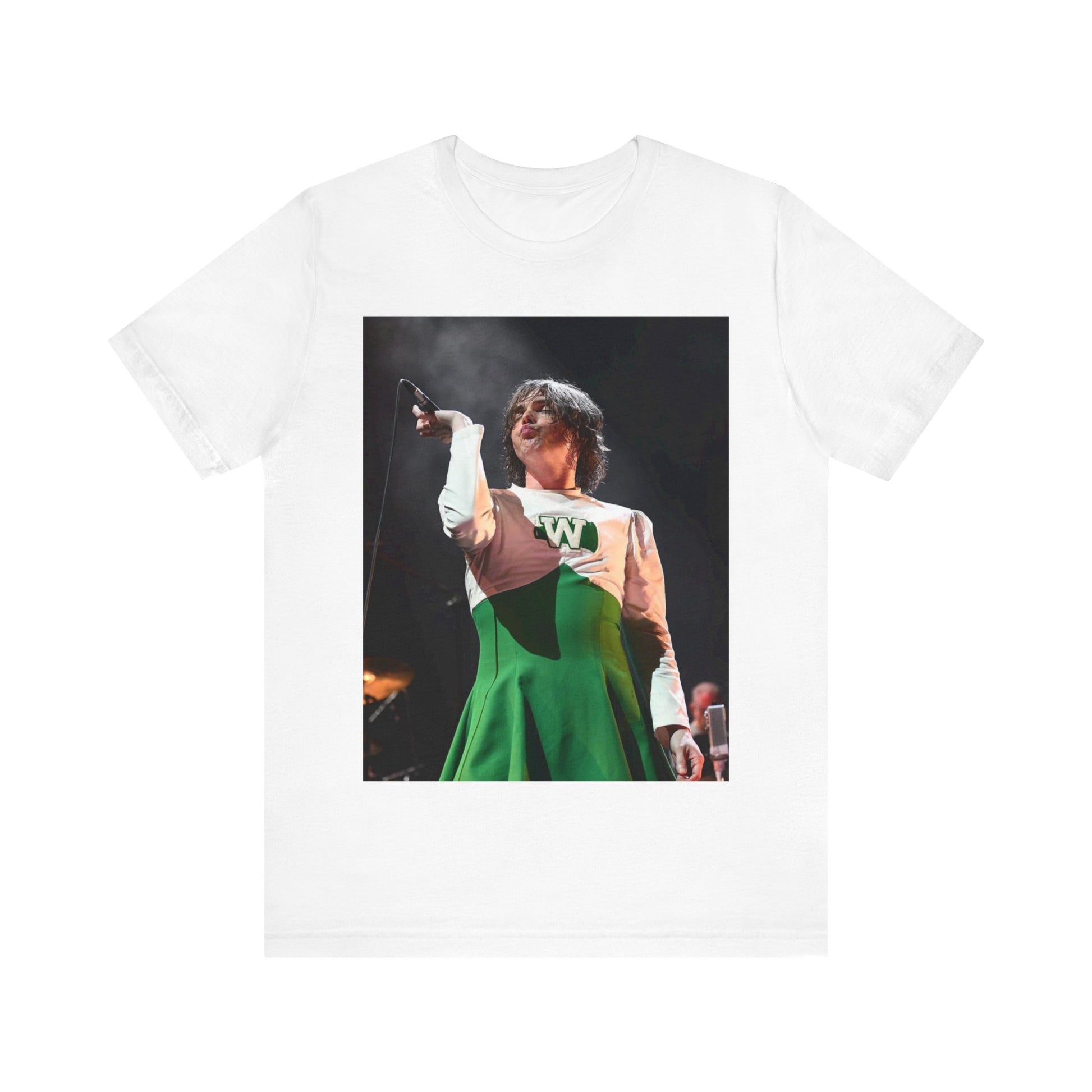 A black graphic t-shirt featuring a photo of My Chemical Romance, possibly with a cheerleader theme.