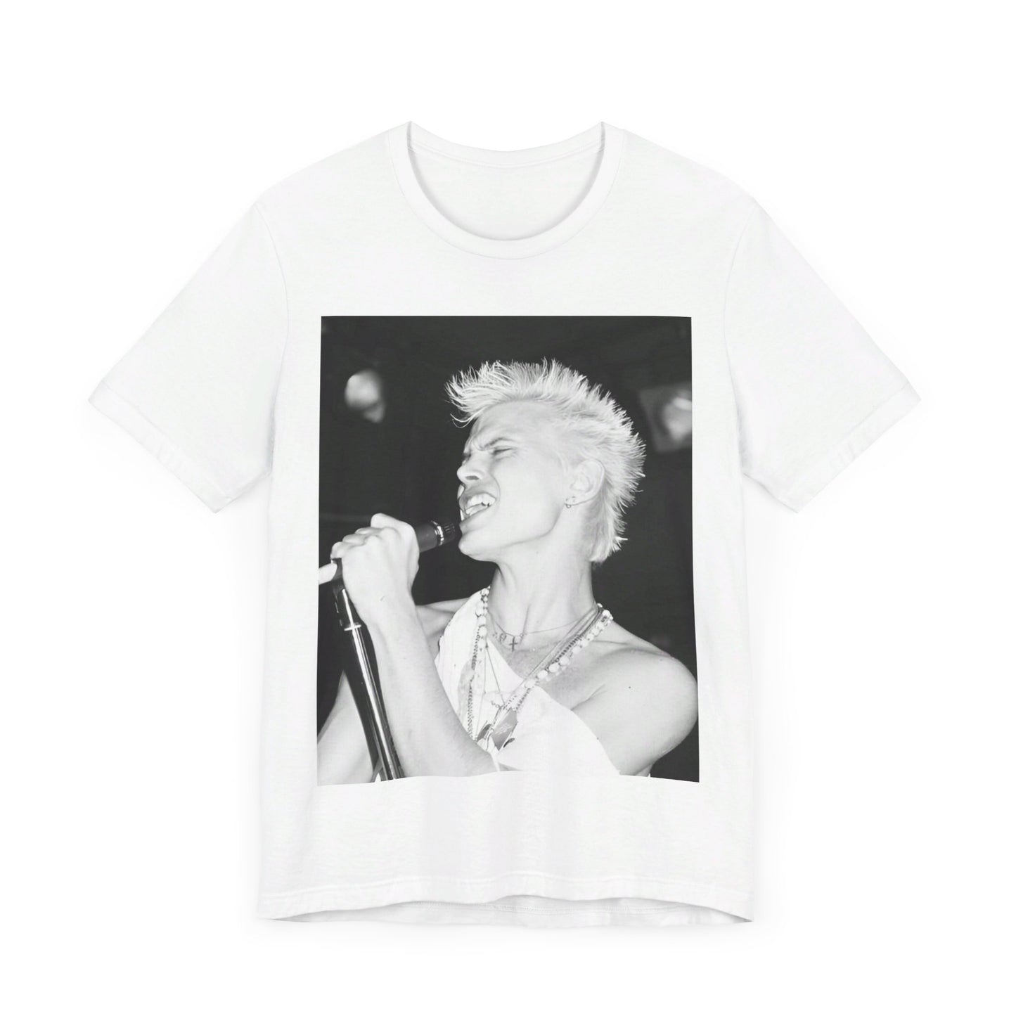 A black graphic t-shirt featuring a black and white photo of Billy Idol performing live on stage.