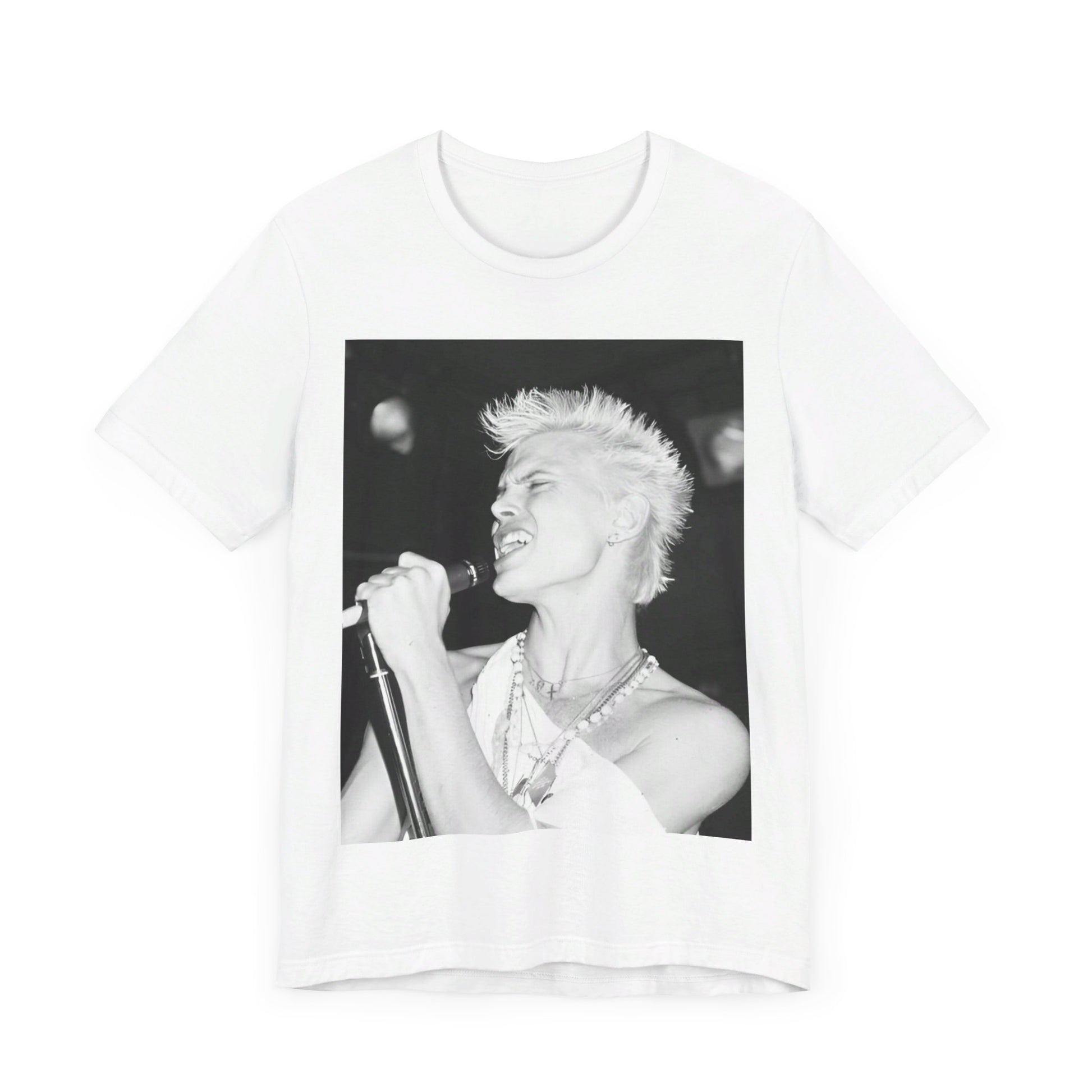 A black graphic t-shirt featuring a black and white photo of Billy Idol performing live on stage.