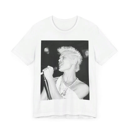 A black graphic t-shirt featuring a black and white photo of Billy Idol performing live on stage.