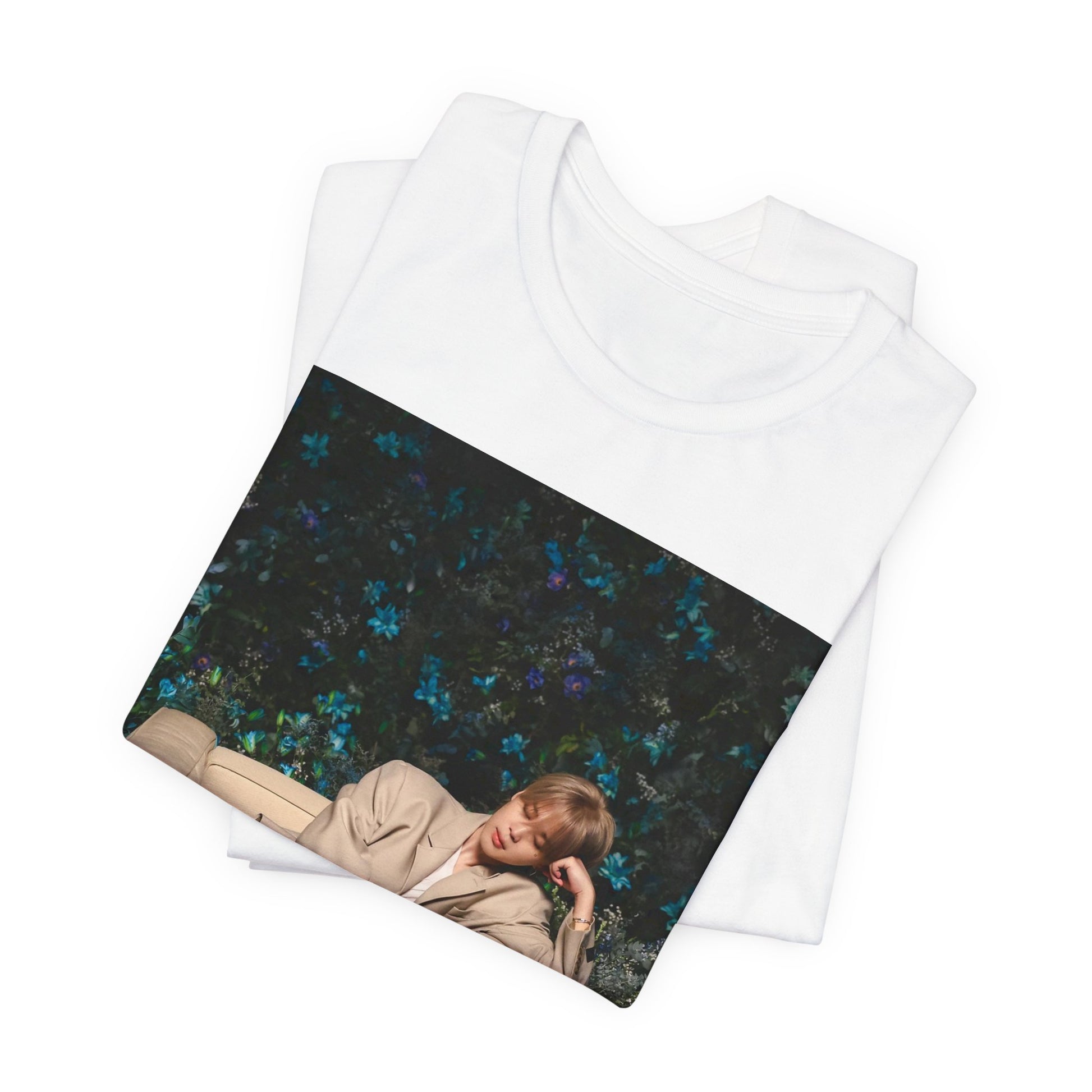 A black graphic t-shirt featuring an aesthetic graphic of Jimin in a K-Pop style.