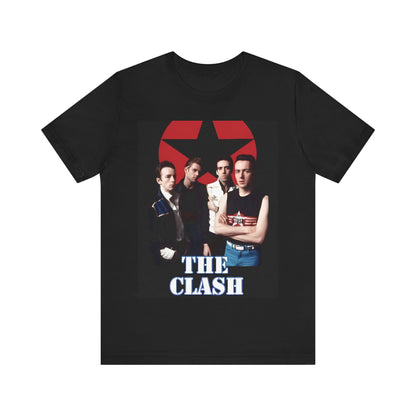 A black graphic t-shirt featuring a graphic related to The Clash's 'Should I Stay or Should I Go' song or era.