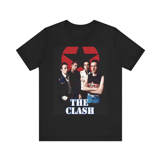 A black graphic t-shirt featuring a graphic related to The Clash's 'Should I Stay or Should I Go' song or era.