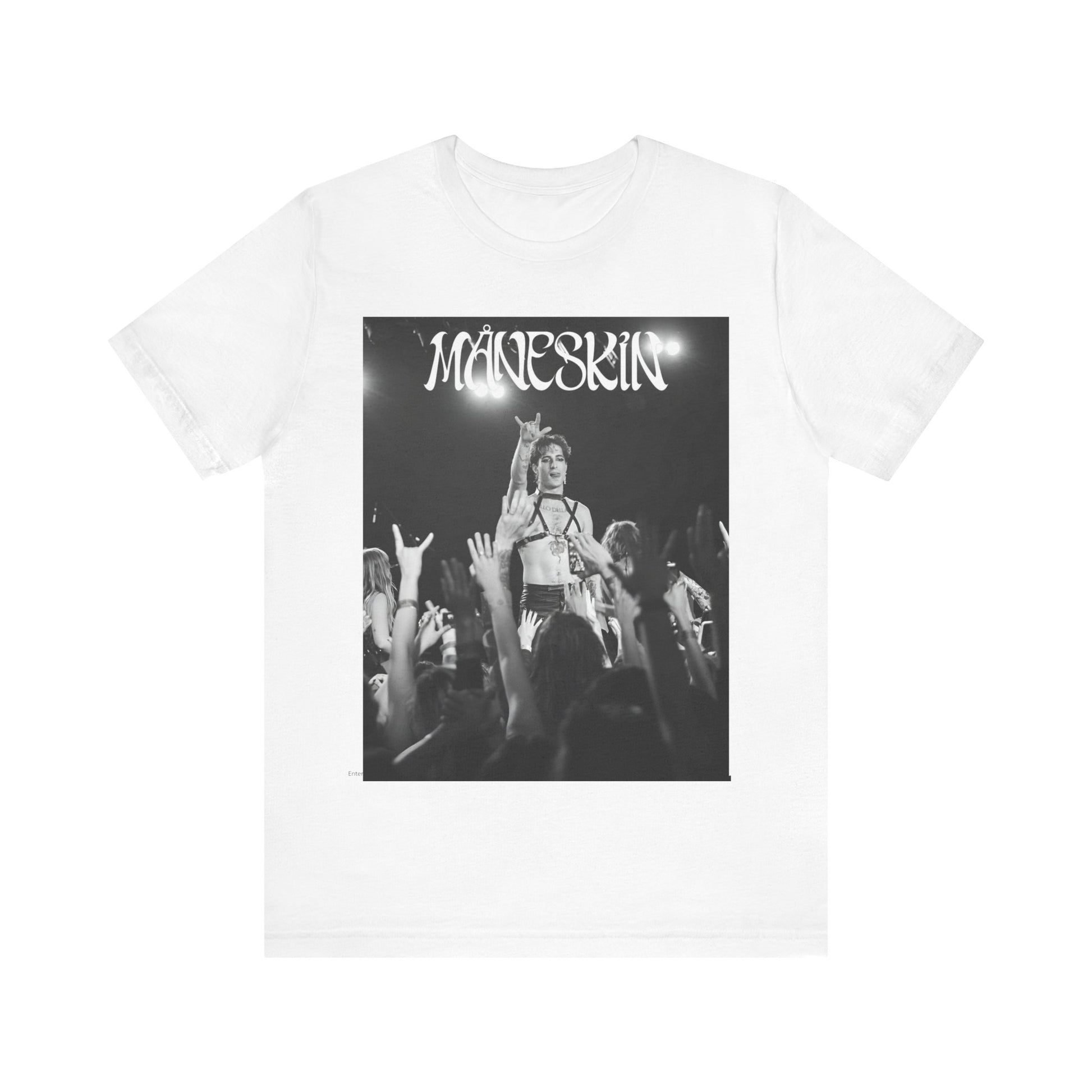 A black graphic t-shirt featuring a graphic or photo of Maneskin performing live.