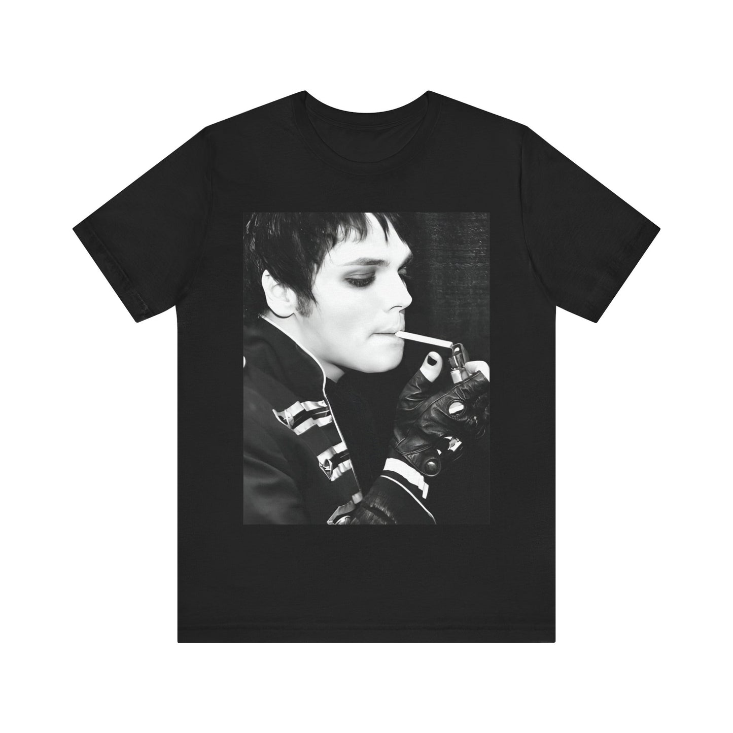 A black graphic t-shirt featuring a black and white graphic or photo of My Chemical Romance in a backstage setting.