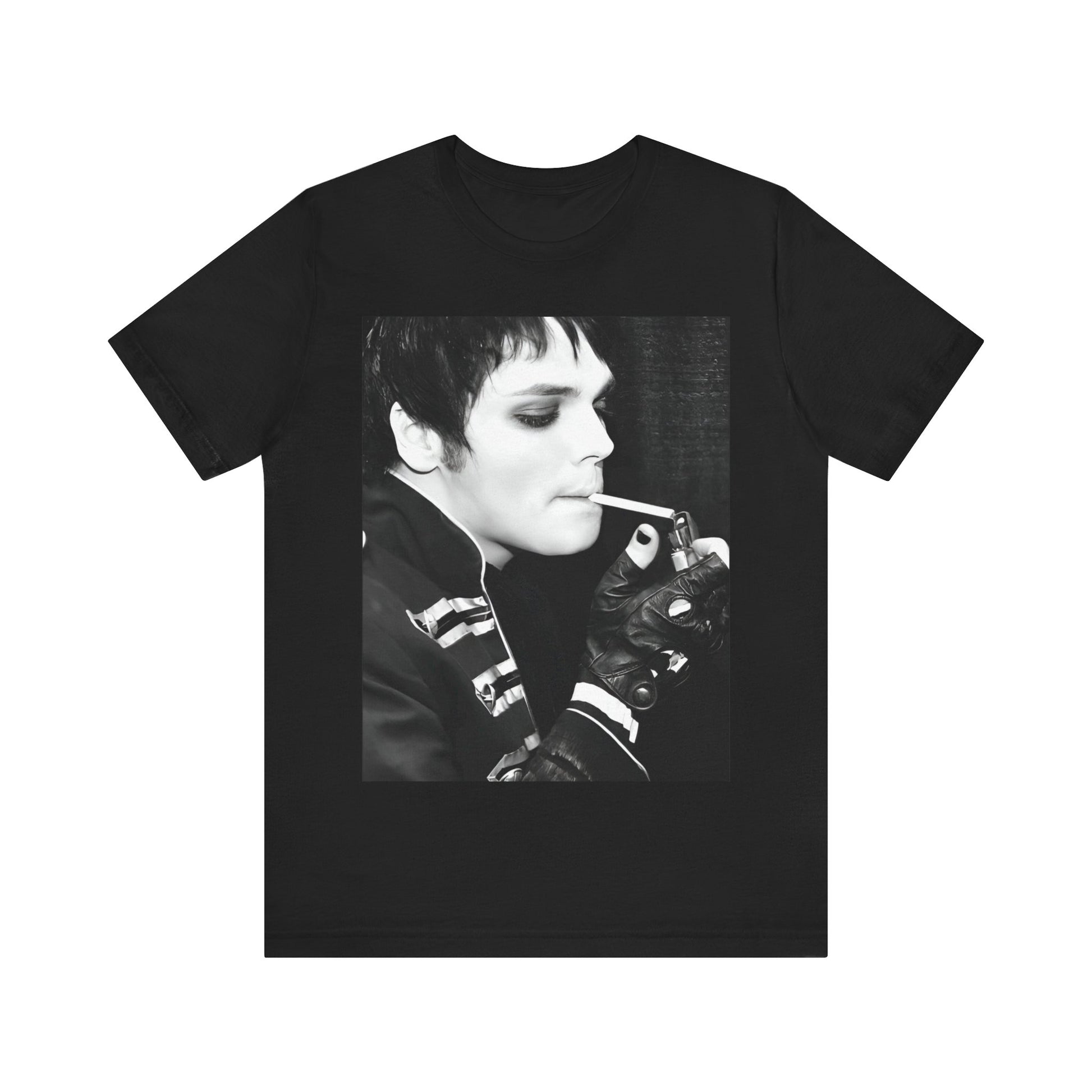 A black graphic t-shirt featuring a black and white graphic or photo of My Chemical Romance in a backstage setting.