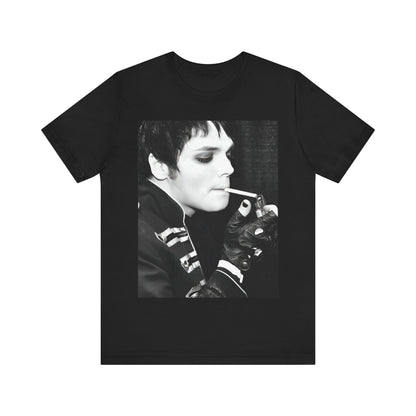 A black graphic t-shirt featuring a black and white graphic or photo of My Chemical Romance in a backstage setting.