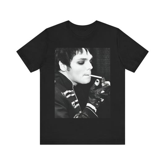 A black graphic t-shirt featuring a black and white graphic or photo of My Chemical Romance in a backstage setting.