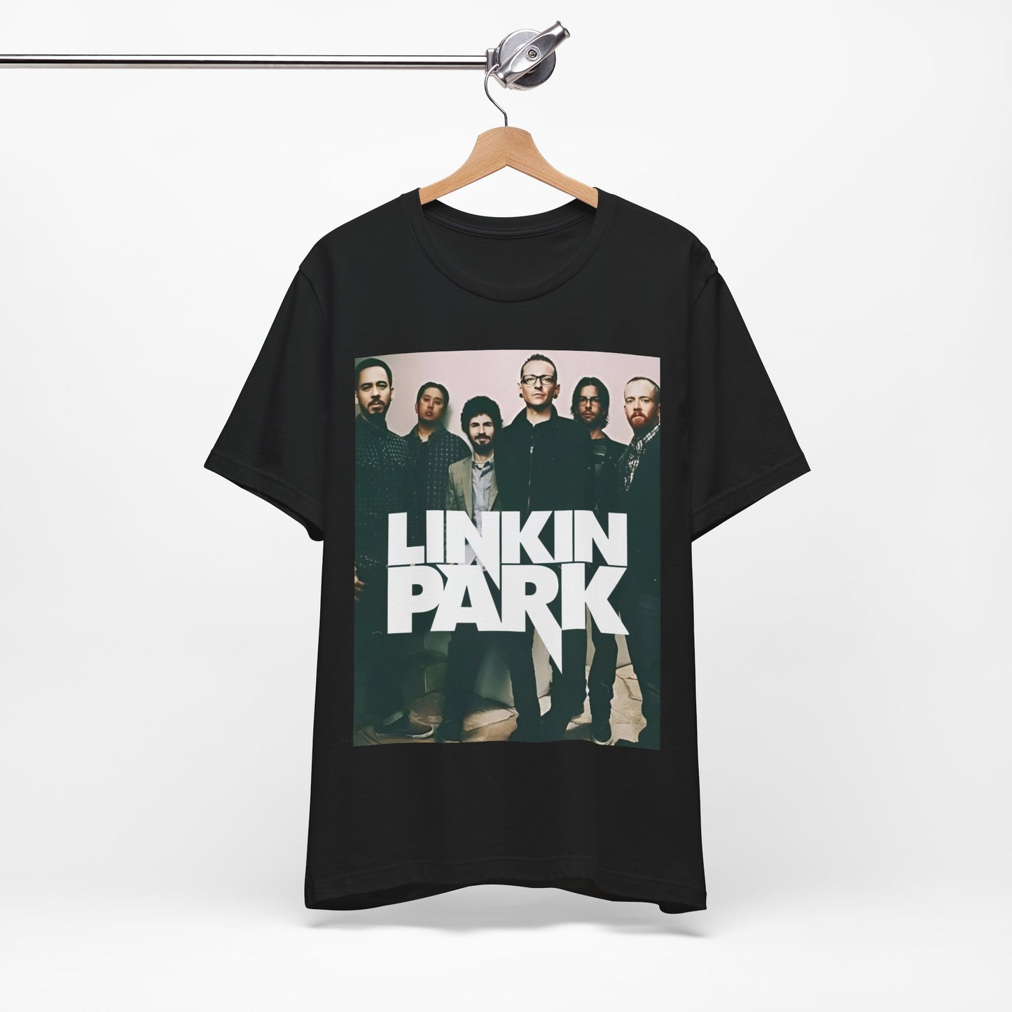 A black graphic t-shirt featuring a graphic related to Linkin Park's 'Numb' song or era.