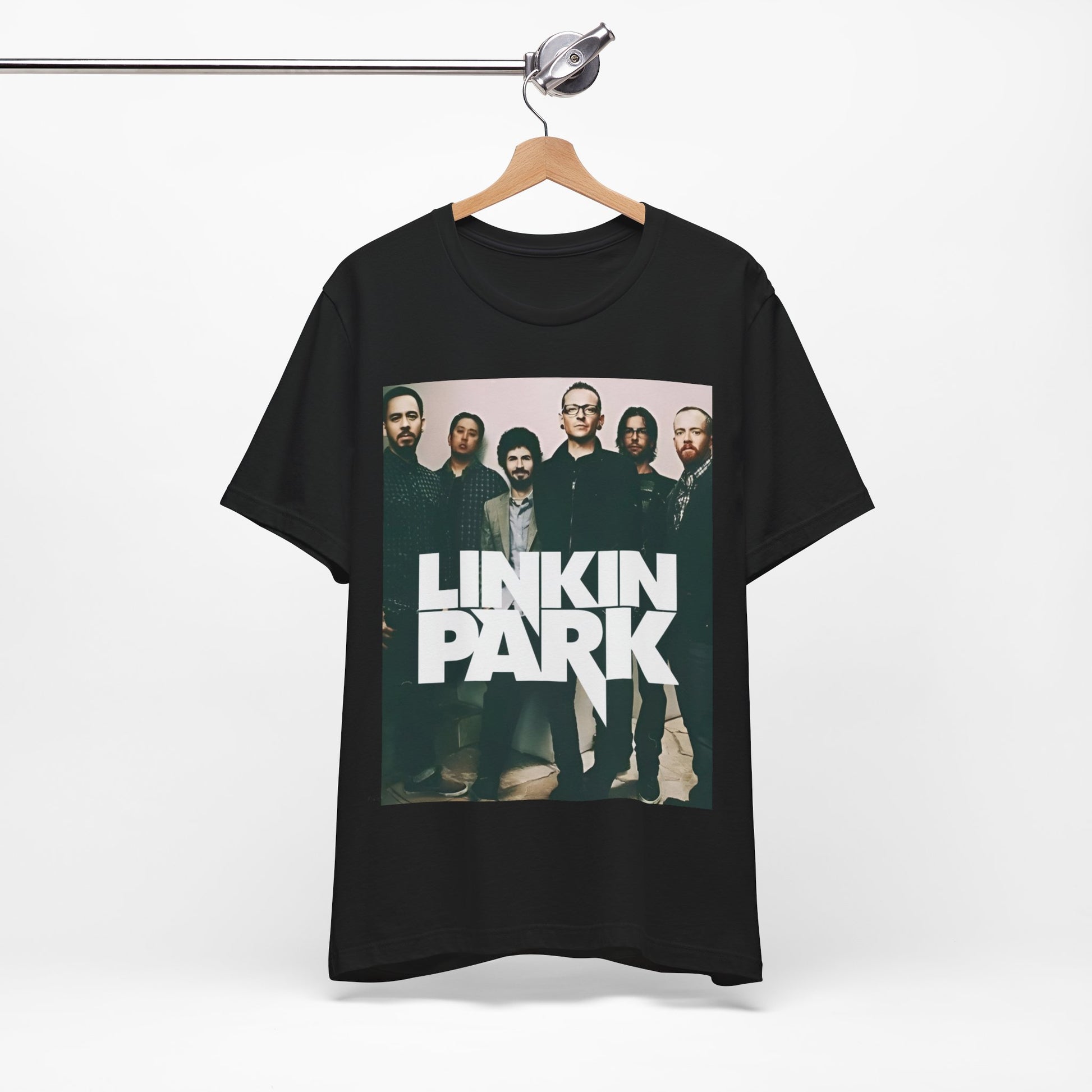 A black graphic t-shirt featuring a graphic related to Linkin Park's 'Numb' song or era.