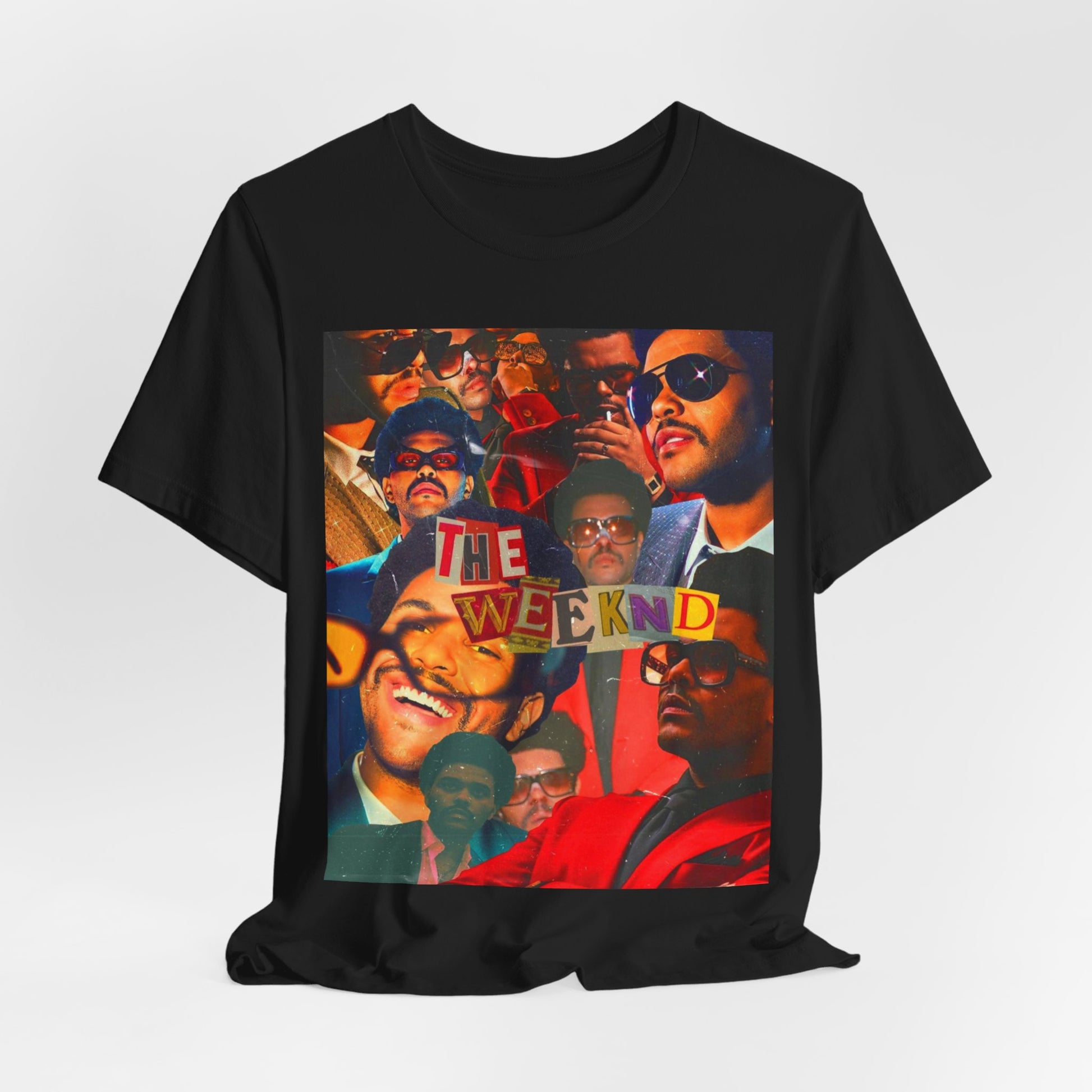 A black graphic t-shirt featuring a collage graphic of The Weeknd.