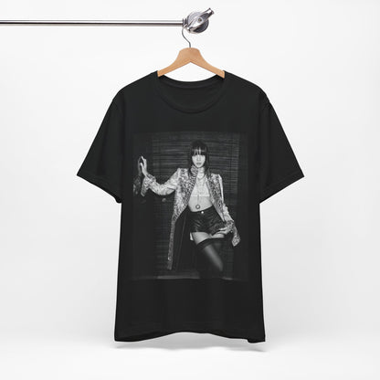 A black graphic t-shirt featuring a black and white, monochrome graphic or photo of Lisa.