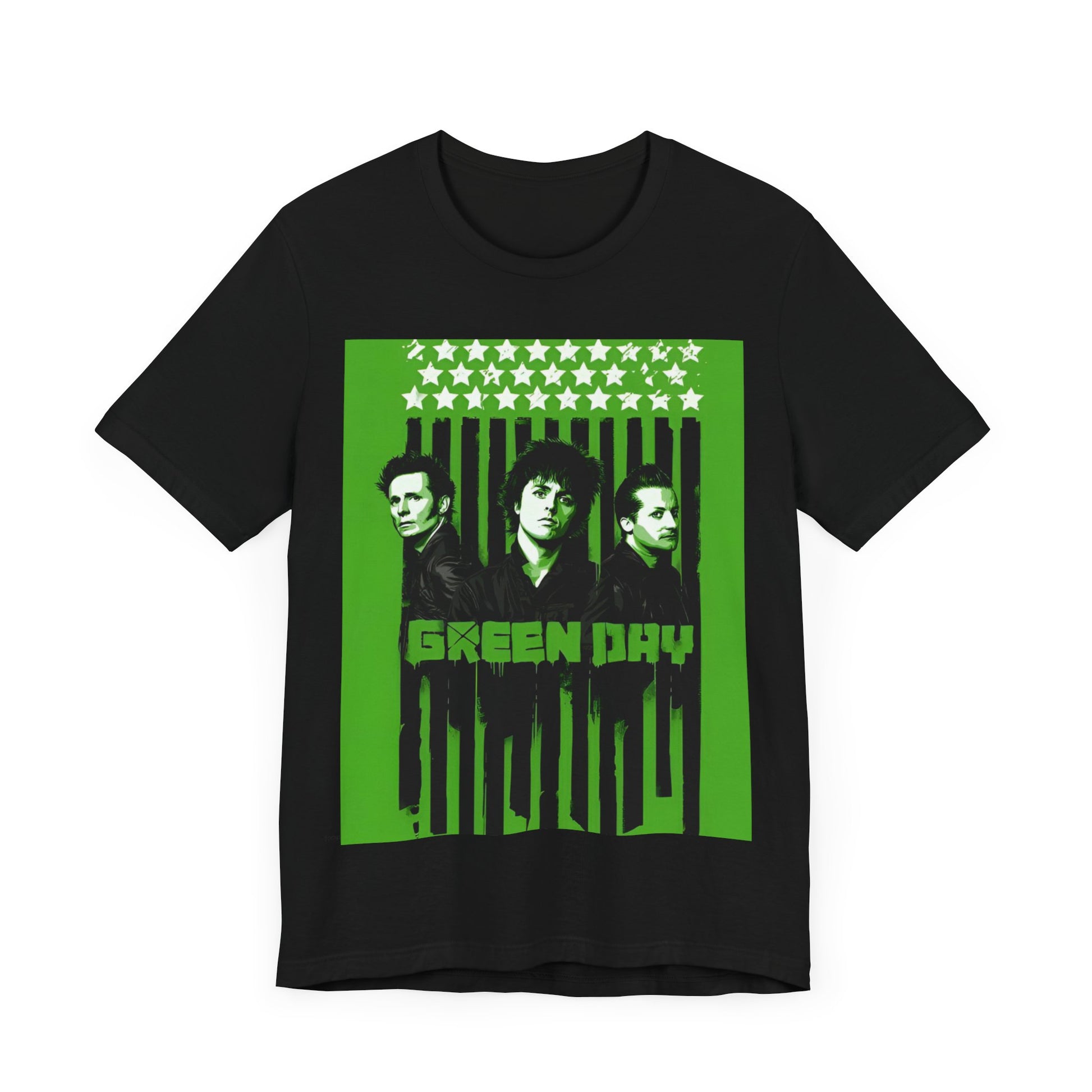 A black graphic t-shirt featuring a retro graphic of Green Day related to their 'American Idiot' album.